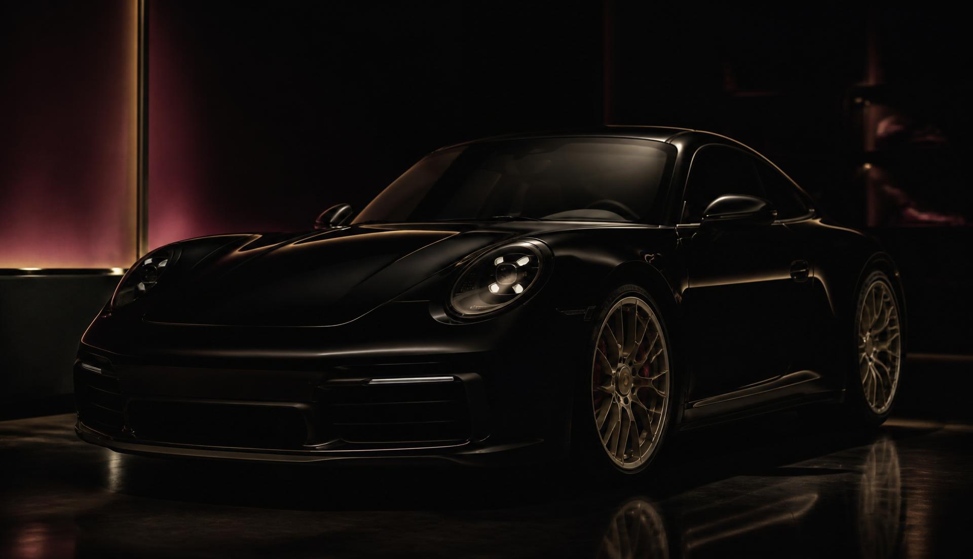 A black Porsche 911 in a controlled atelier, rendered in low light