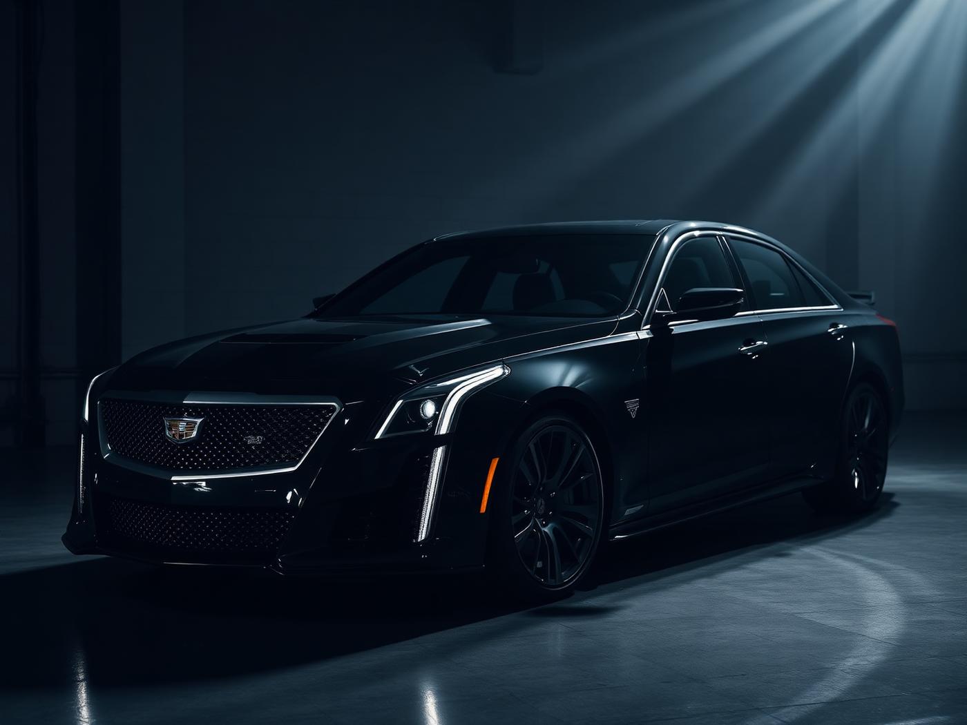 Black Cadillac CT5-V in a dark atelier with directional lighting