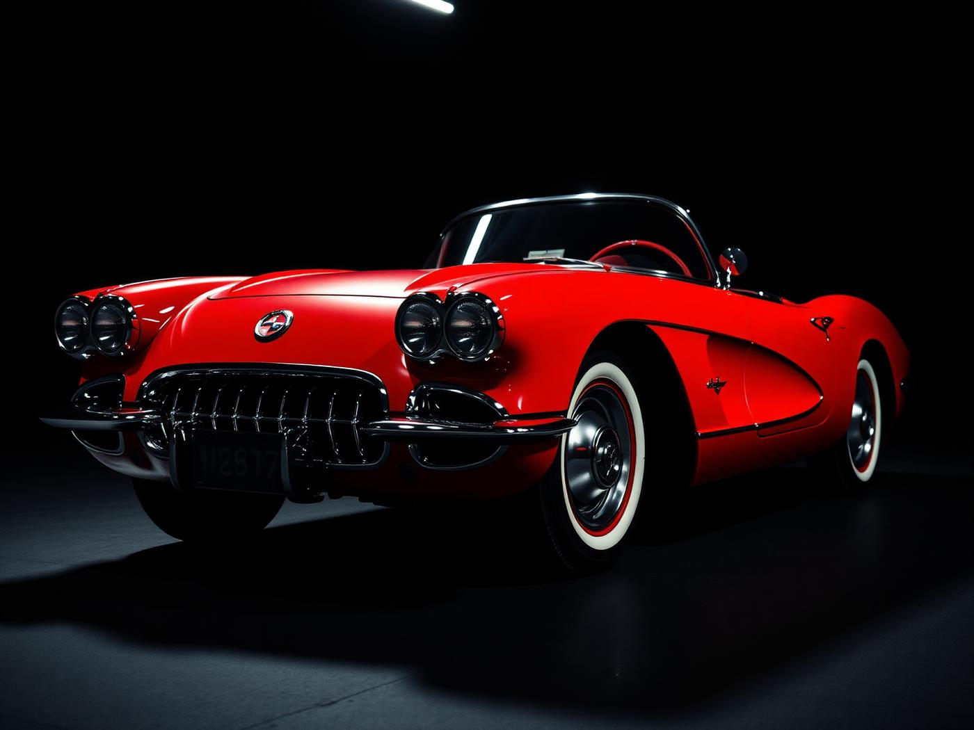 1958 Chevrolet Corvette in deep red, photographed in a low-light detailing atelier