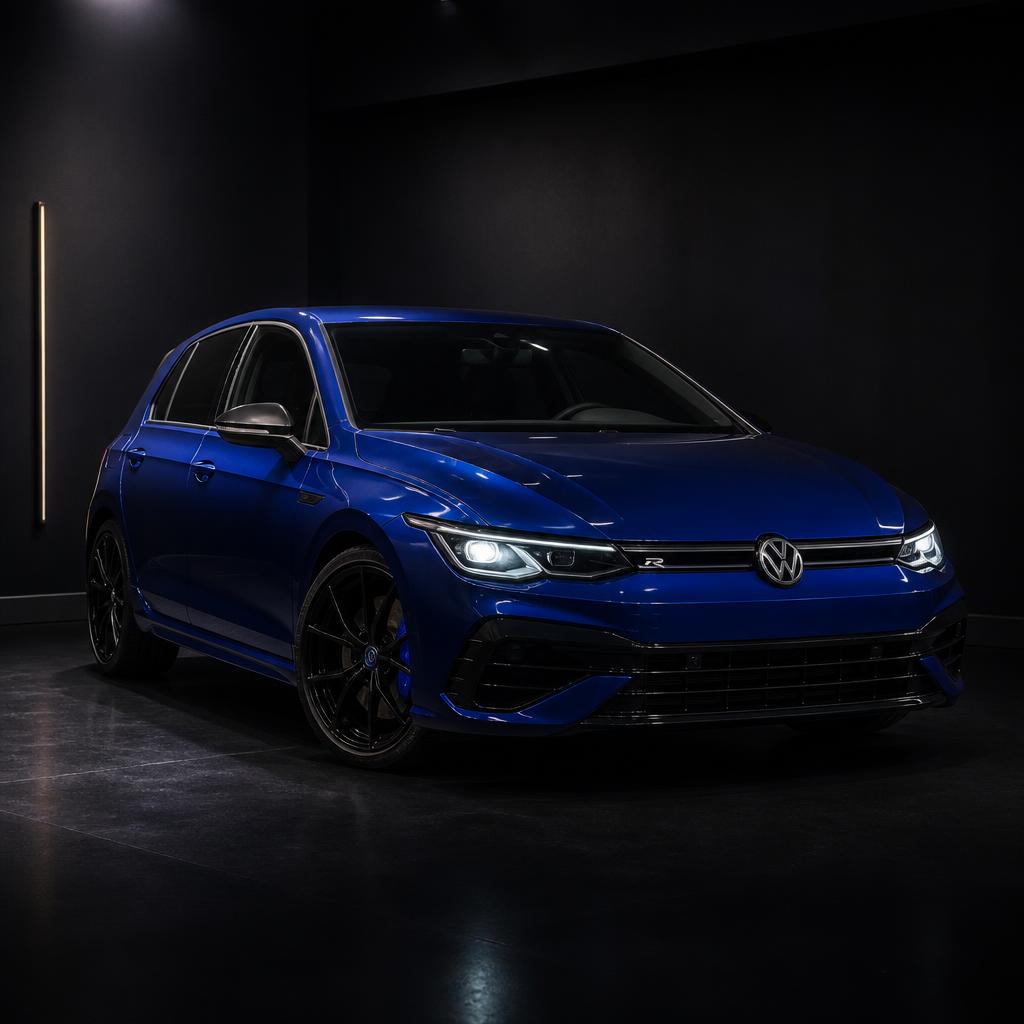 Blue Volkswagen Golf R hatchback in a dark detailing studio