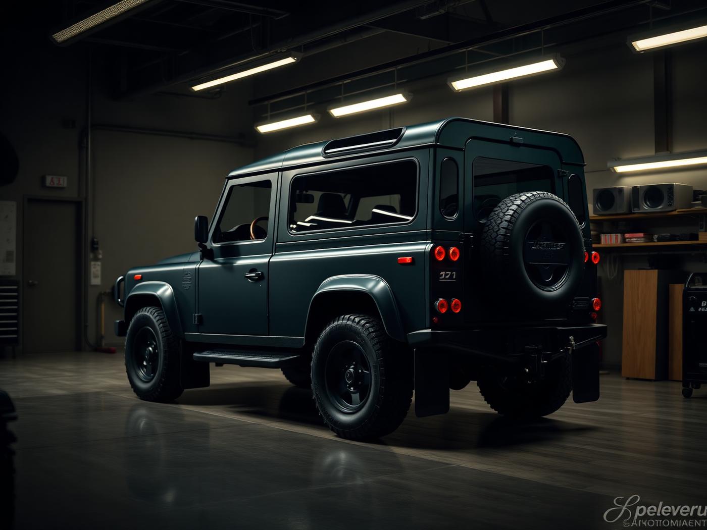 Dark green Land Rover Defender in a low-lit detailing bay