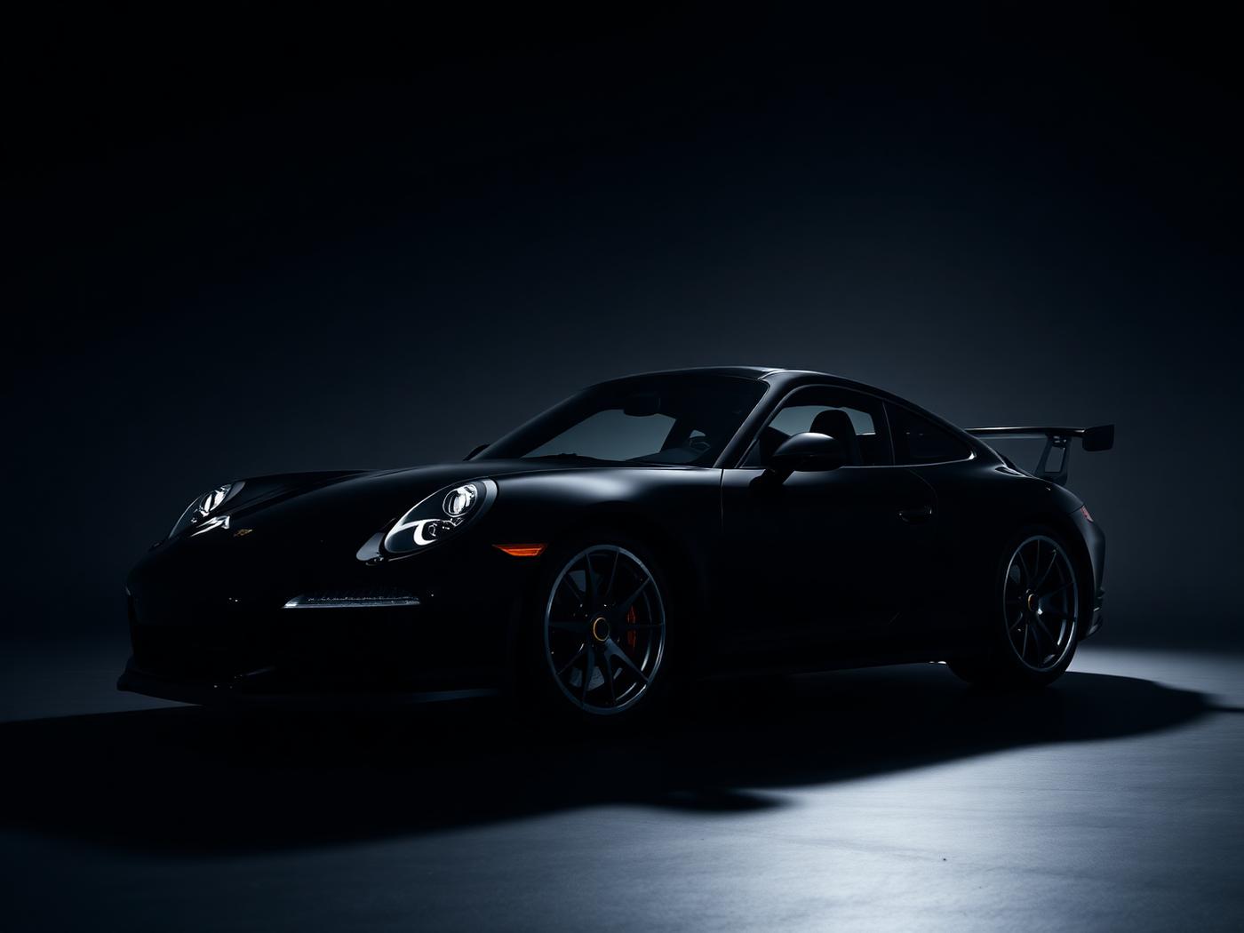 Black Porsche 911 in a low-light detailing studio