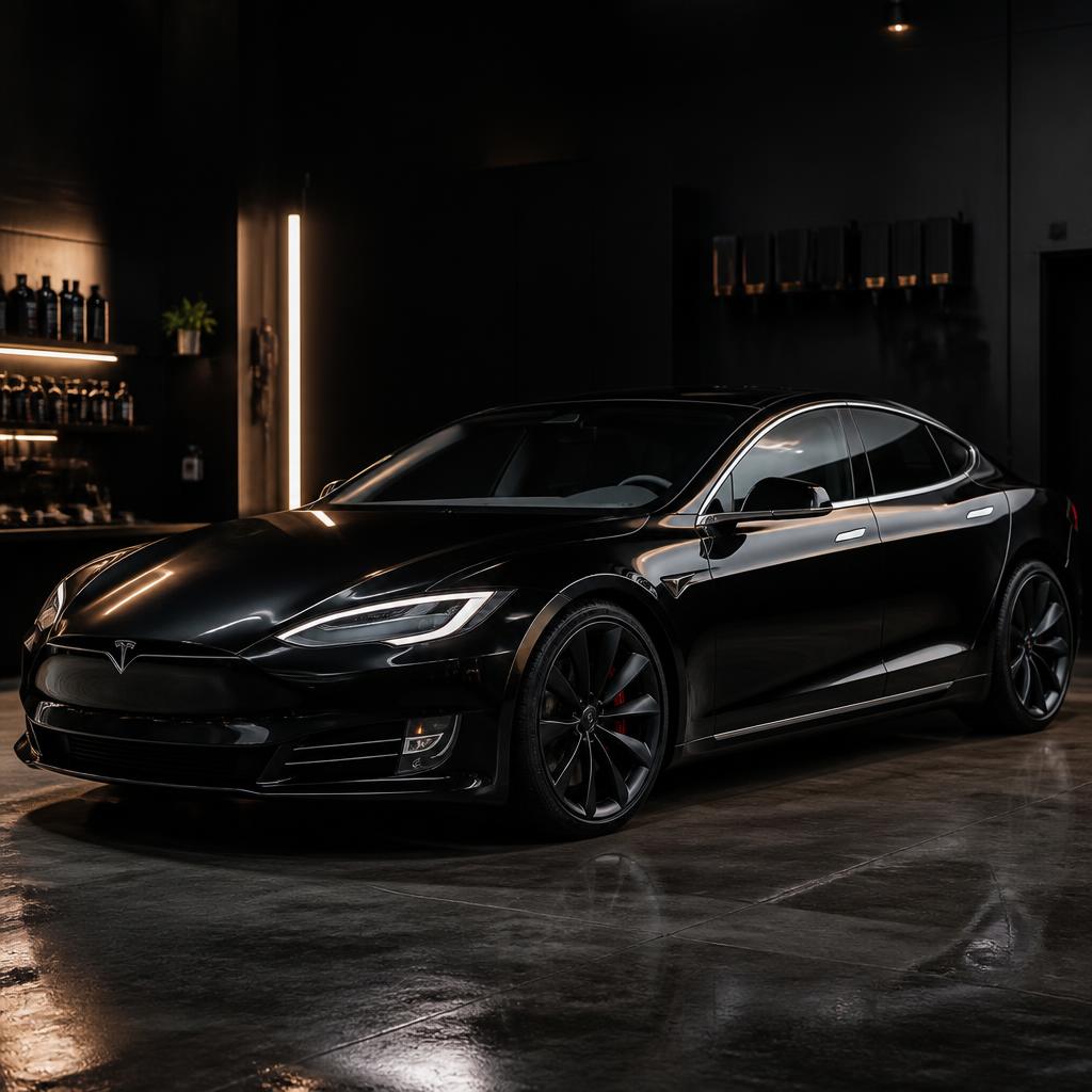 White Tesla Model S with mirror-finish paint reflecting soft studio lights