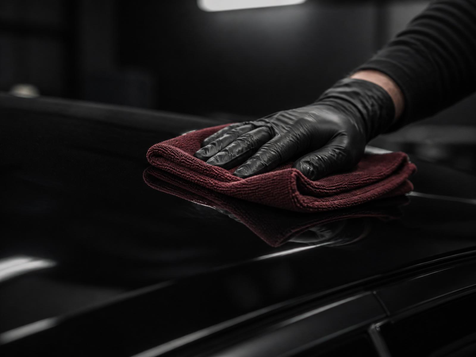 A gloved hand finishing a black automobile surface in a controlled atelier